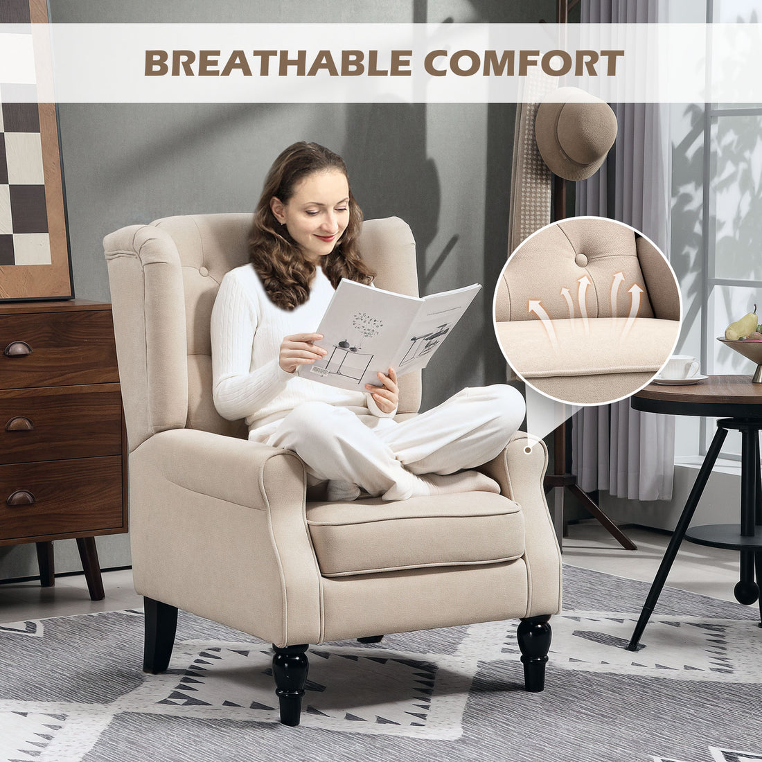 Wingback Accent Chair For Living Room, Button-Tufted Lounge Chair With Round Armrests And Wood Legs, Beige